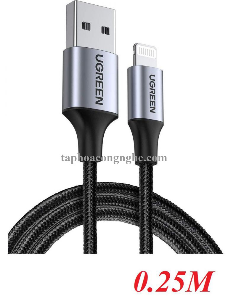 Ugreen 60154 0.25M màu đen cáp MFI USB 2.0 A ra Lightning đầu bọc nhôm mạ nickel chống nhiễu 25cm US291 30060154